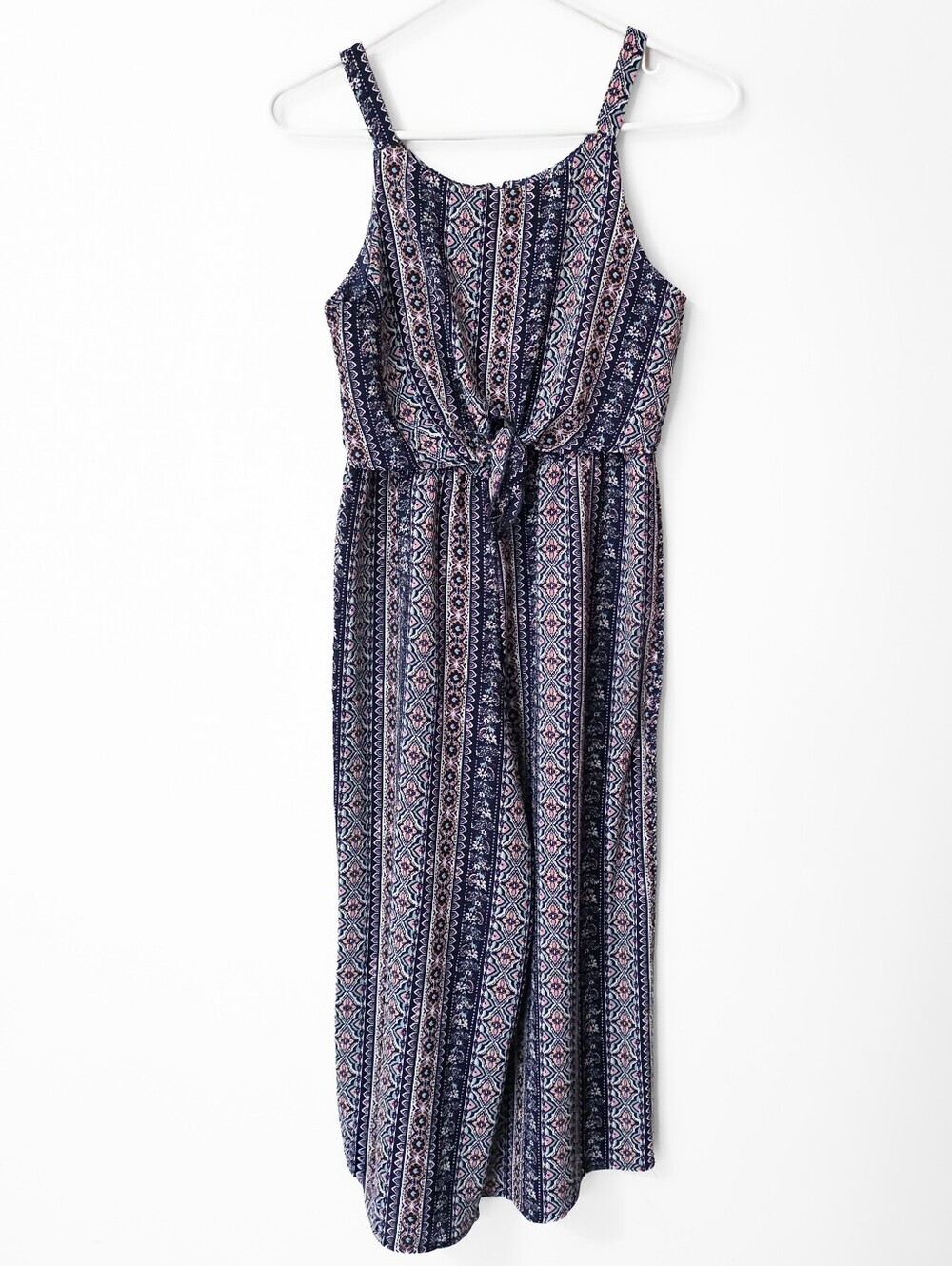 Girls Navy Patterned Sleeveless Maxi Romper with Tie Waist Size 12